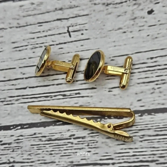 Christian Dior Gold and Black Cufflinks and Tie Bar Set - Picture 4 of 5